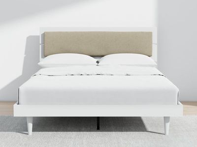 NEW Benoni Queen Wooden Bed with Taupe Cushion White