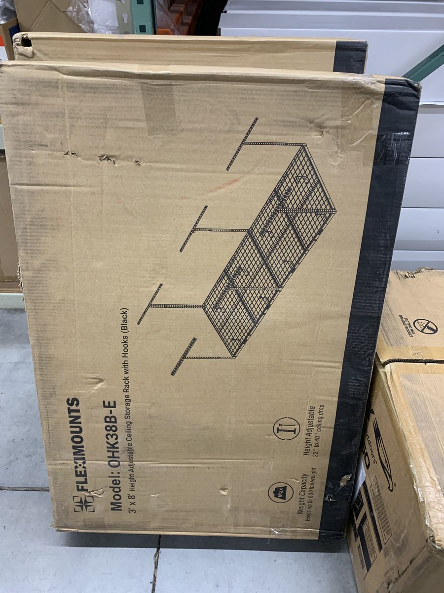 FLEXIMOUNTS OHK Series 36 in. W x 96 in. D x 22-40 in. H Black Ceiling Mounted Overhead Garage Storage Rack with Accessory Hooks