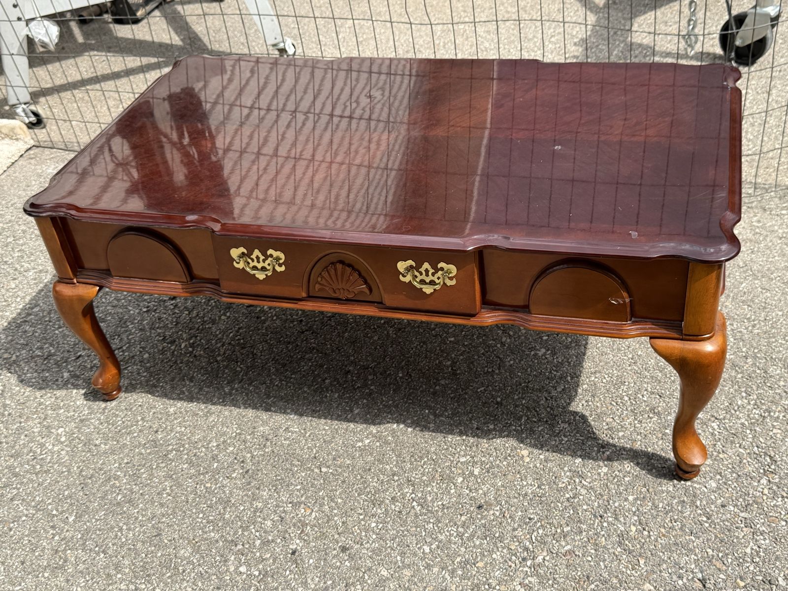 Vintage Cherry Wood Coffee Table and End tables Brass Hardware, Scalloped Details, and Carved Legs