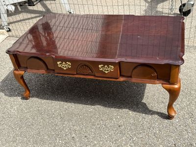 Vintage Cherry Wood Coffee Table and End tables Brass Hardware, Scalloped Details, and Carved Legs
