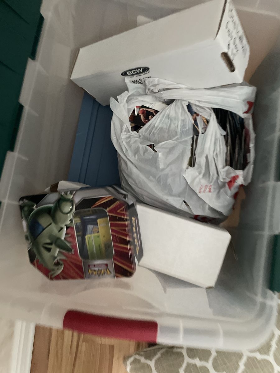Large Collection of Trading Cards and Pokémon Tins in Storage Box