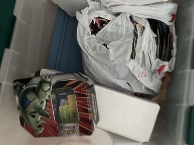Large Collection of Trading Cards and Pokémon Tins in Storage Box