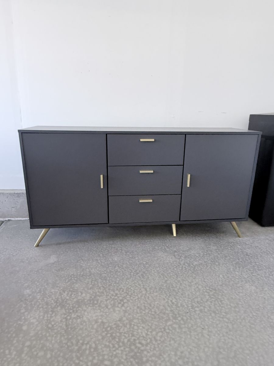 Modern Grey Sideboard Buffet Cabinet | 2 Doors, 3 Drawers, Gold Legs