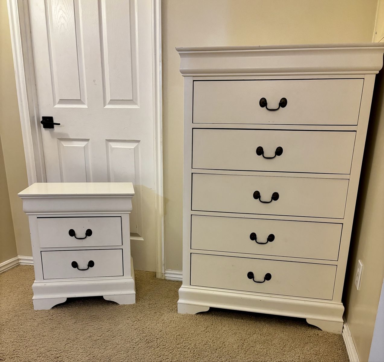 White Dresser and Matching Nightstand Set with Dark Hardware