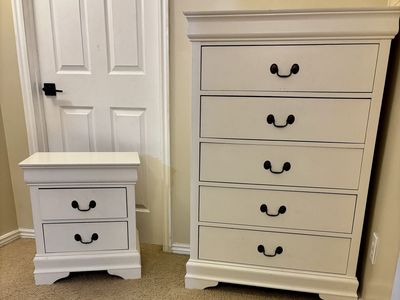White Dresser and Matching Nightstand Set with Dark Hardware