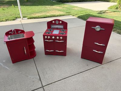 Pottery Barn Kids Retro Wooden Play Kitchen – Full Set (Sink, Stove/Oven, Fridge + Accessories)