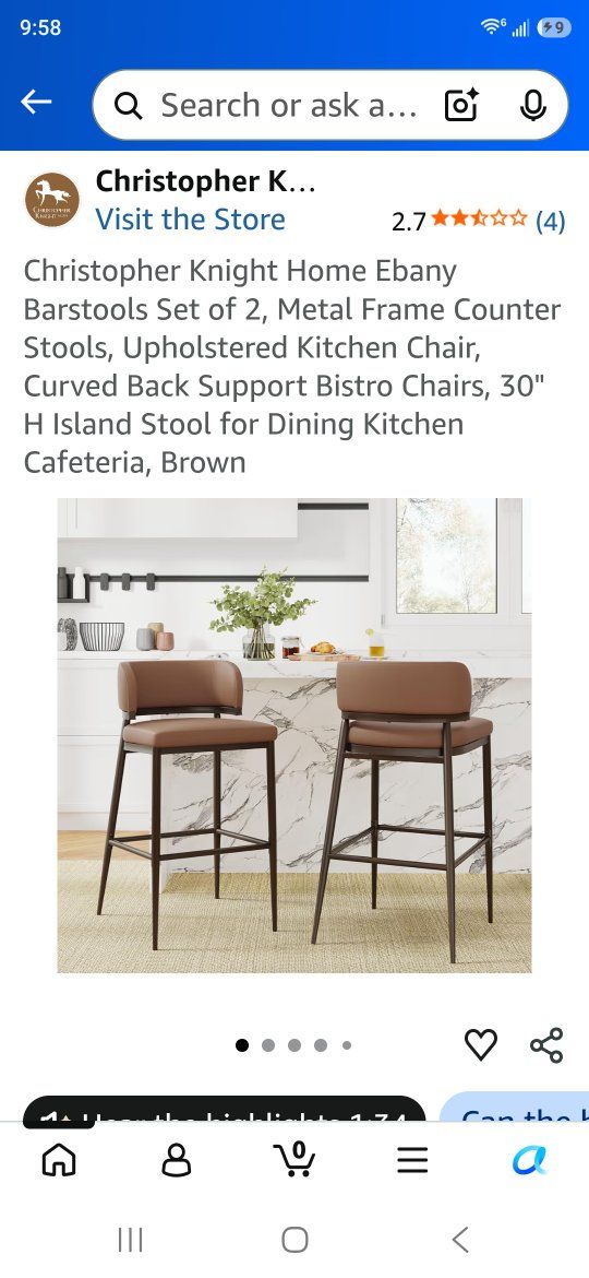 (SLIGHT DIFFERENT THAN PICTURED) Brown Faux Leather Counter Height Bar Stools - Set of 2