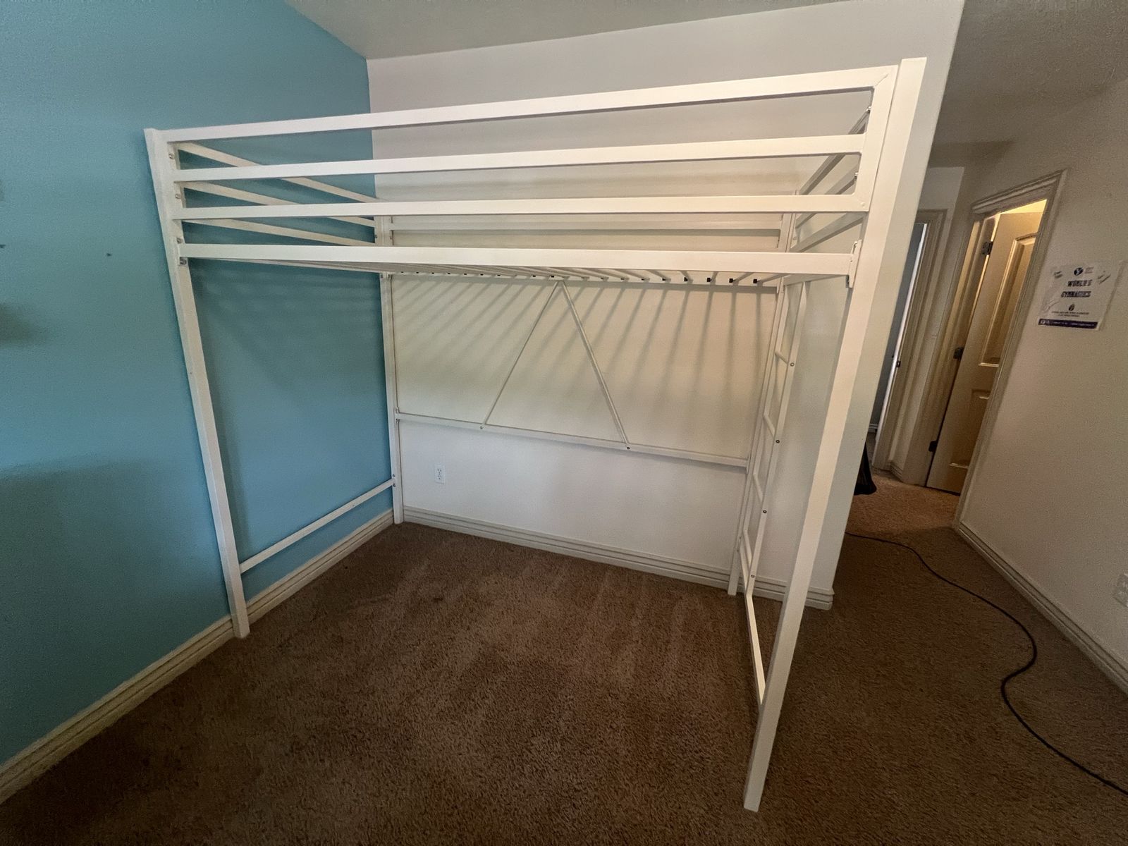 White Metal Loft Bed Frame - Space-Saving Design, Integrated Ladder