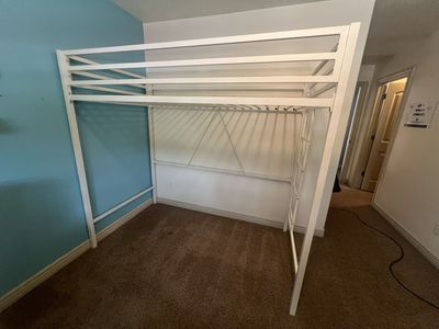 White Metal Loft Bed Frame - Space-Saving Design, Integrated Ladder