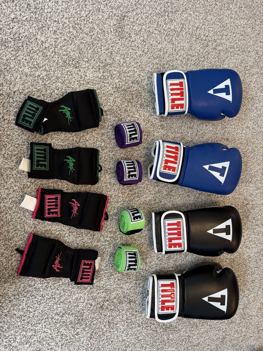 TITLE Classic Boxing Gloves & Hand Wraps - Black, Blue, Green, Pink, Purple Set