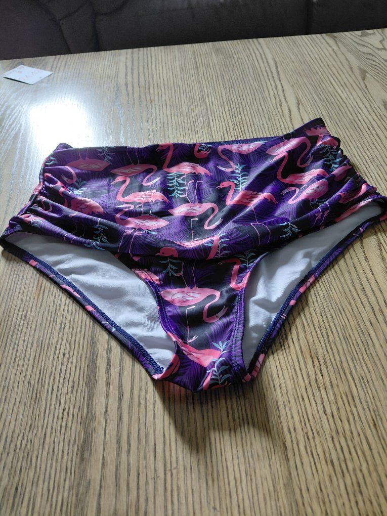 New High-Waisted Bikini Bottoms with Flamingo Print - Tropical Purple Swimwear, Size XL