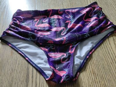 New High-Waisted Bikini Bottoms with Flamingo Print - Tropical Purple Swimwear, Size XL
