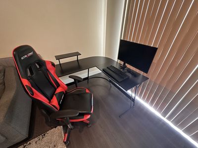 Corner desk, chair, and monitor/keyboard