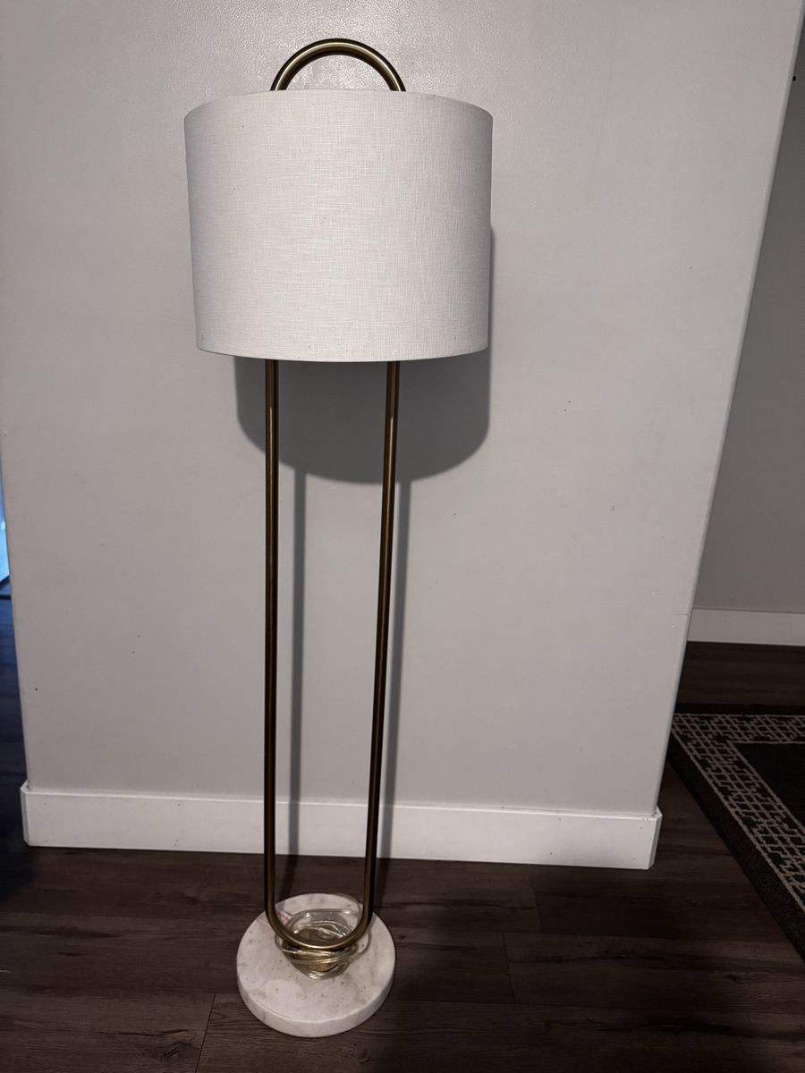 Modern Gold Metal Loop Floor Lamp with White Fabric Shade and Marble Base