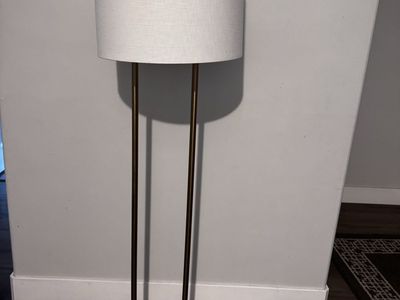 Modern Gold Metal Loop Floor Lamp with White Fabric Shade and Marble Base