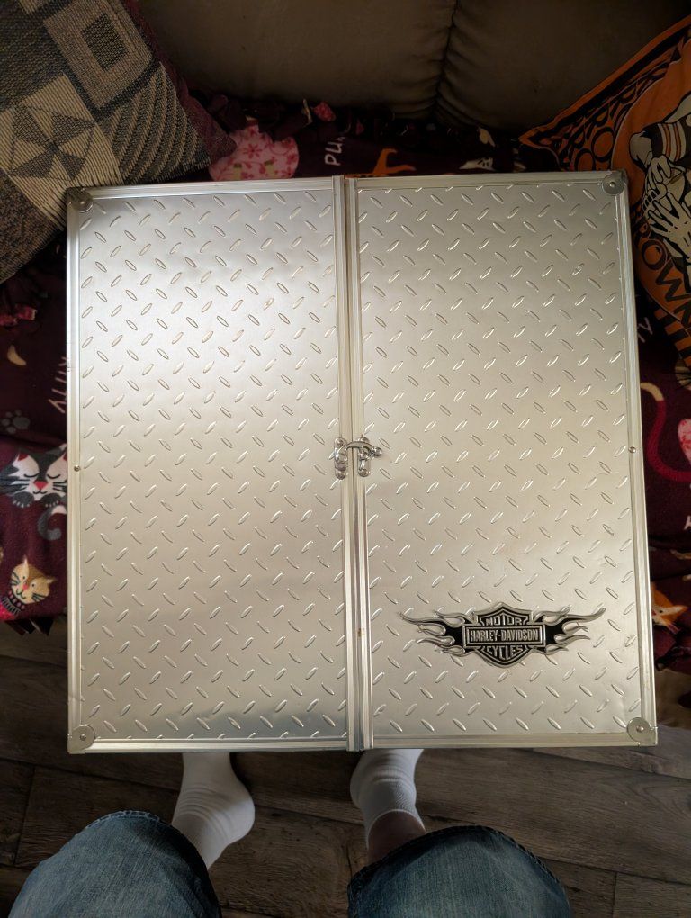 Rare Harley-Davidson Official Bristle Dart Board & Cabinet Set - Man Cave Decor with Darts