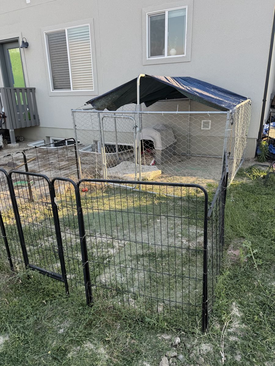 Large Outdoor Dog Kennel with Run, Chain Link, Sunshade, and Dog House - Used