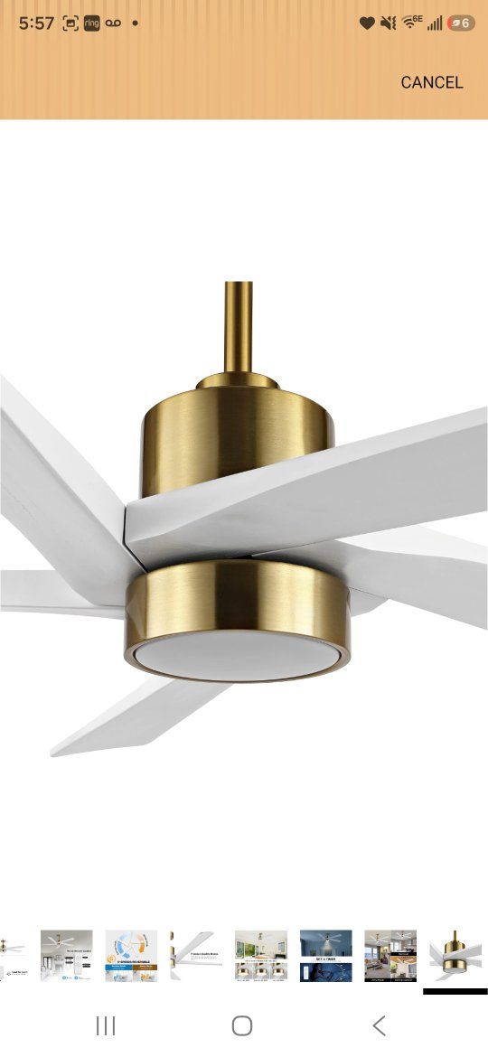 54-Inch Brass & White Indoor Ceiling Fan with LED Light and Remote Control