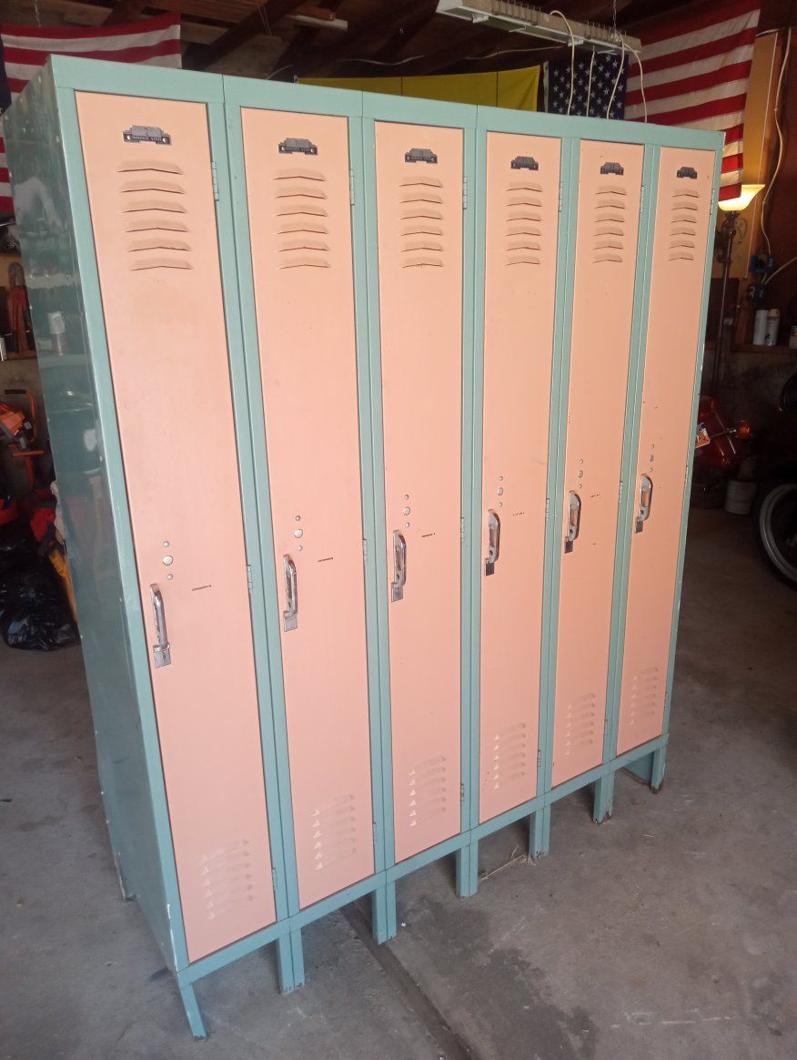 Vintage Metal School Gym Lockers - 6 Units, Peach & Aqua - Industrial Storage, Multi-Purpose
