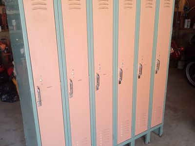 Vintage Metal School Gym Lockers - 6 Units, Peach & Aqua - Industrial Storage, Multi-Purpose