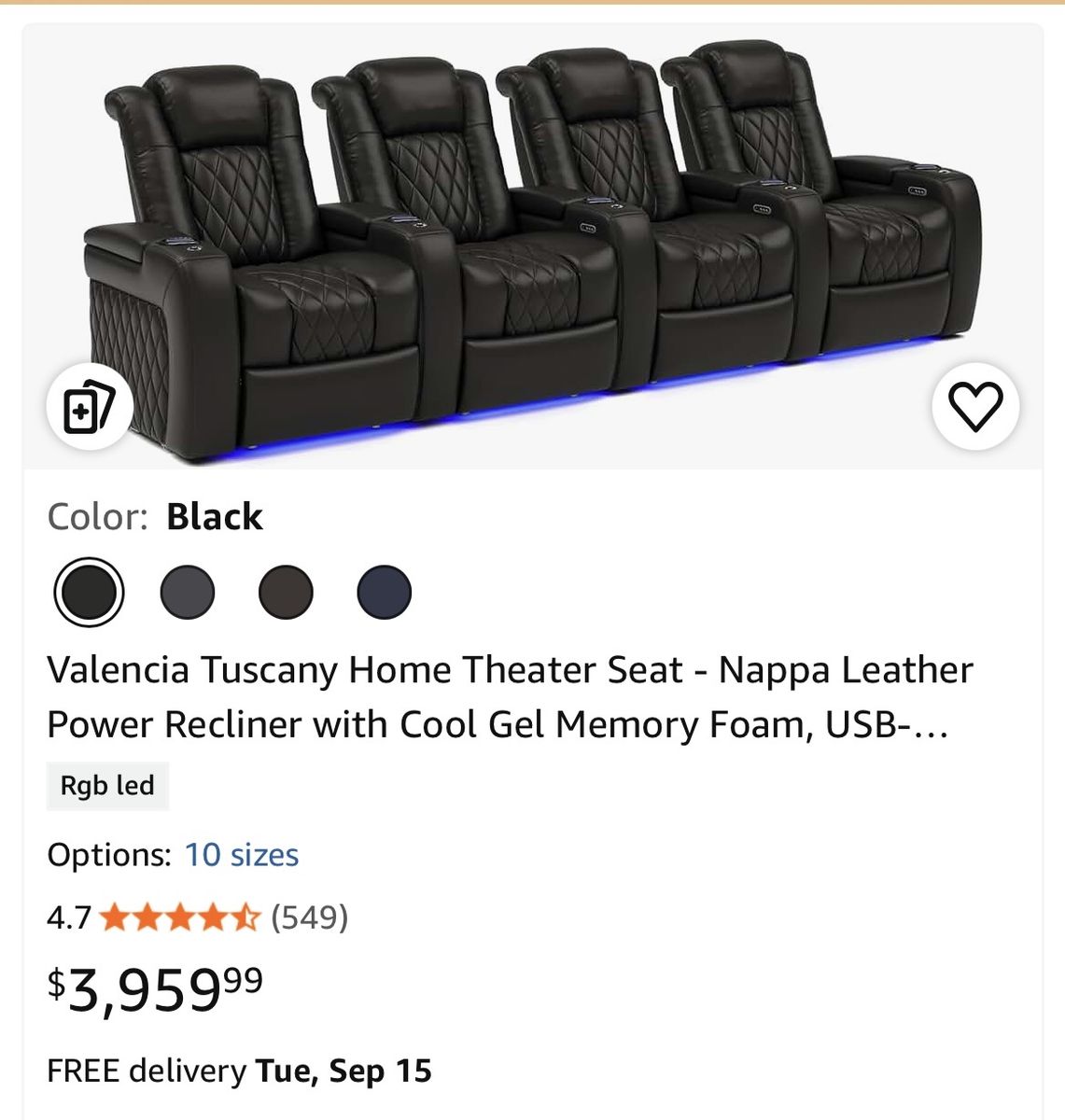 Valencia Tuscany Home Theater 4-Seat Power Recliner in Black Leather