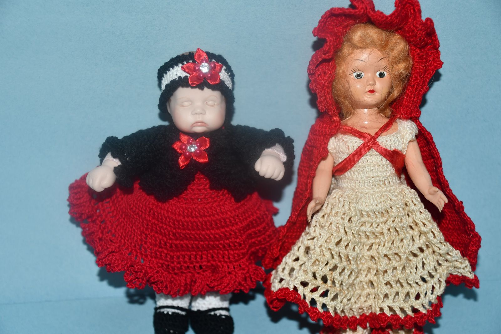 2 VINTAGE DOLLS with HAND CROCHETED CLOTHES ~ 6.5" & 7.5" ~ CUTE & CLEAN!