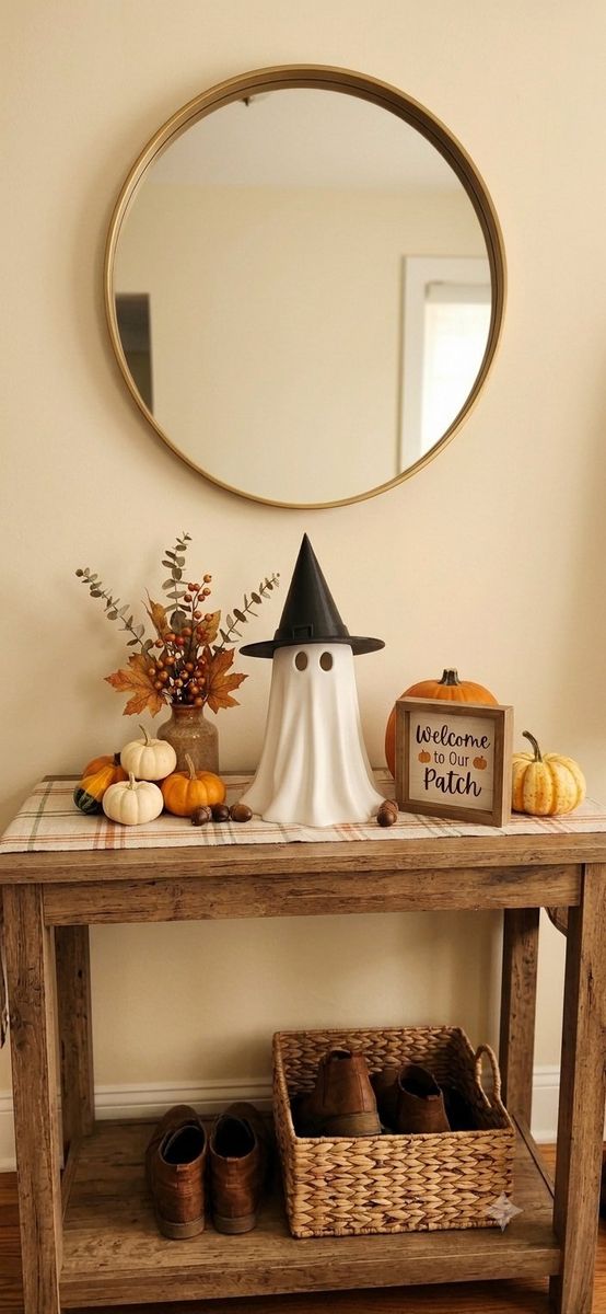 Halloween Ghost Figurine with Black Witch Hat Decorative Tabletop Accent