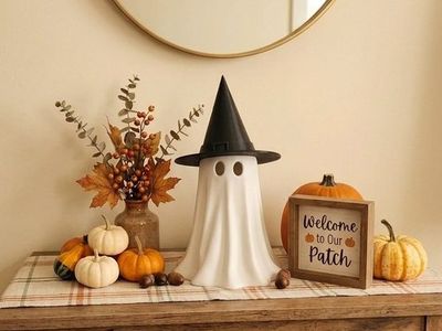 Halloween Ghost Figurine with Black Witch Hat Decorative Tabletop Accent