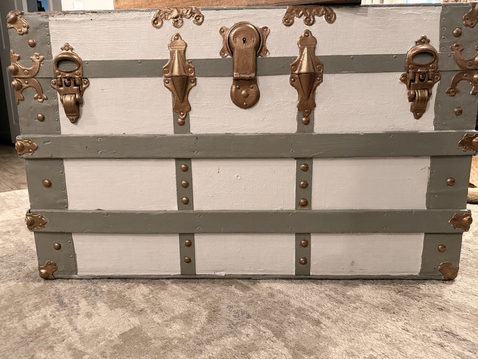 Vintage Refinished Steamer Trunk - White & Gray with Bronze Hardware - Decorative Storage Chest