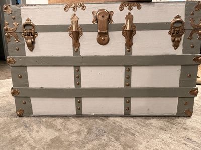 Vintage Refinished Steamer Trunk - White & Gray with Bronze Hardware - Decorative Storage Chest