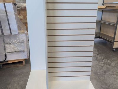 4-Sided Slatwall Retail Display Fixture — 36" Base, 59" Tall, 32 Shelf Brackets Included