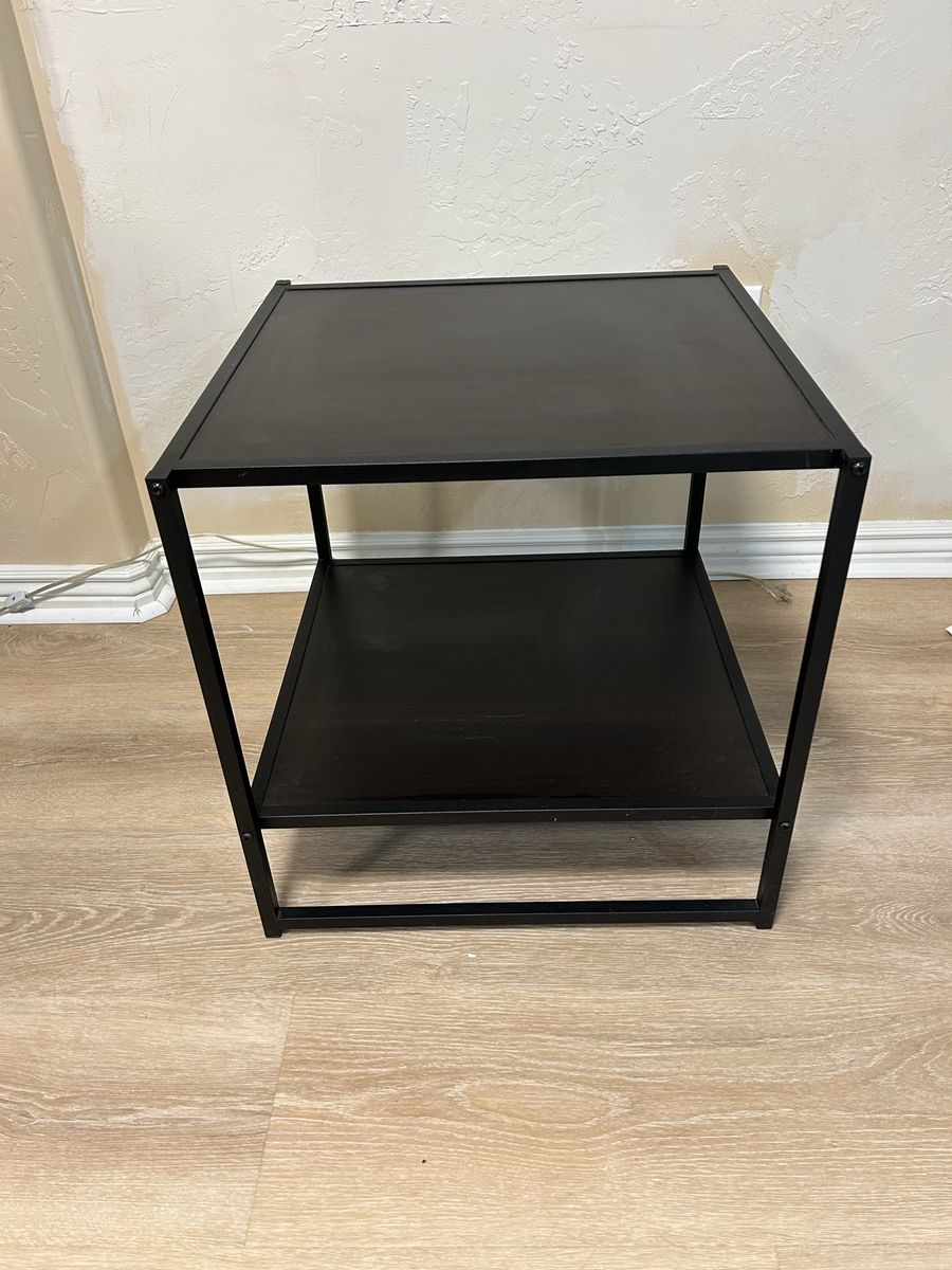Black Two-Tier Metal & Wood Side Table - Modern Industrial End Table