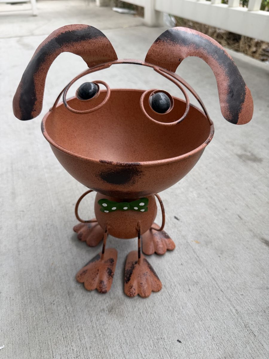 Cute Metal Dog Planter/Holder - Brown with Green Bowtie - 11 Inches Tall
