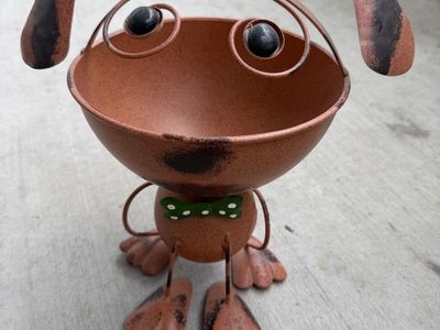 Cute Metal Dog Planter/Holder - Brown with Green Bowtie - 11 Inches Tall