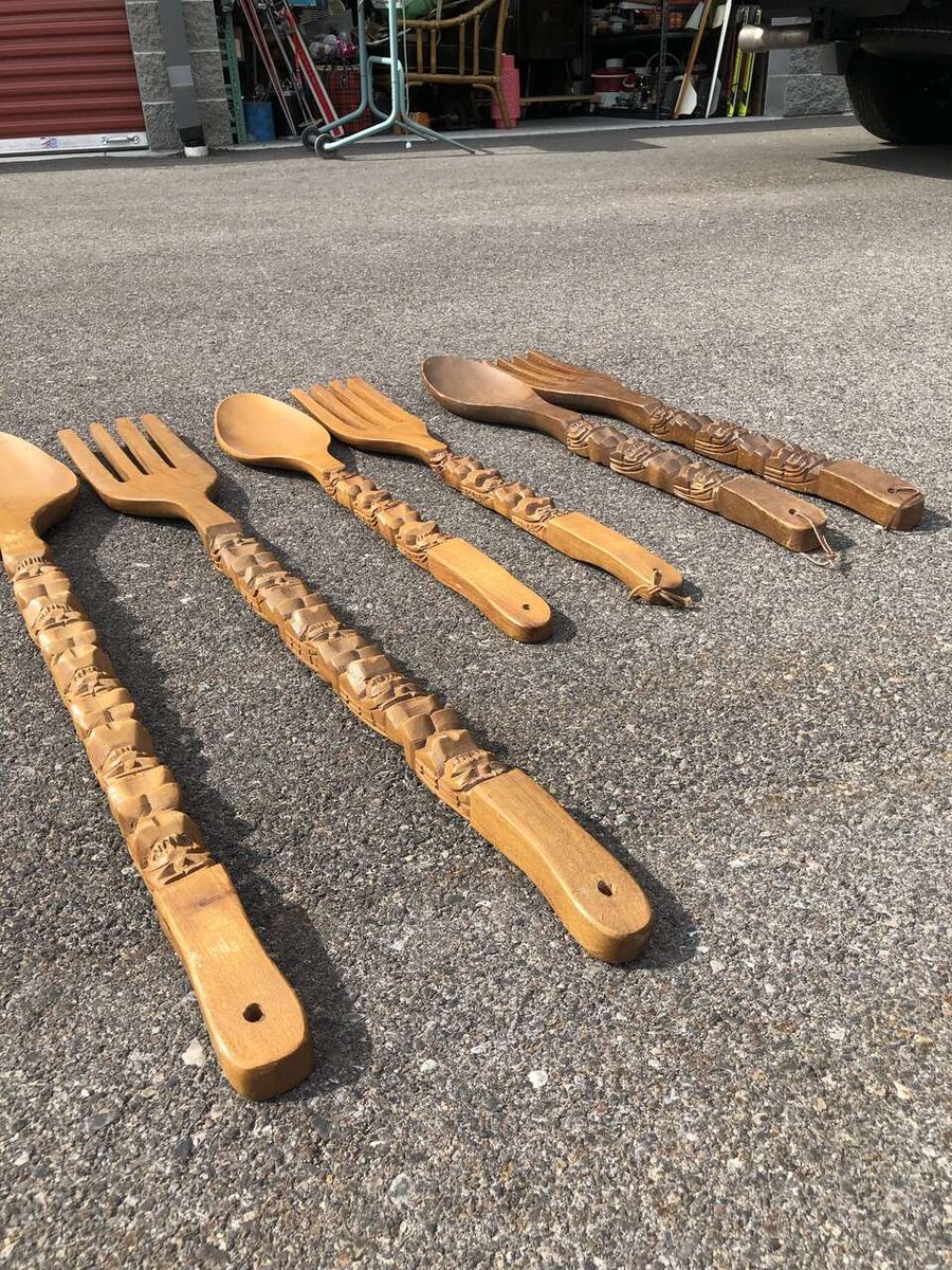 Large (25 inch-36 inch tall) hand carved Vintage mid century Modern hanging wooden fork and spoon MCM tiki kitchen decor