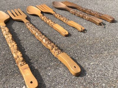 Large (25 inch-36 inch tall) hand carved Vintage mid century Modern hanging wooden fork and spoon MCM tiki kitchen decor