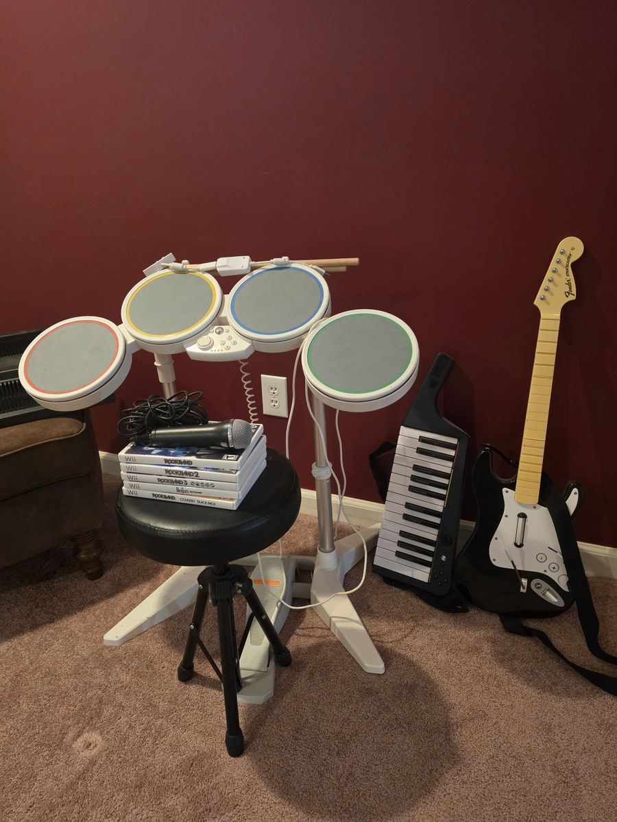 Nintendo Wii Rock Band Complete Bundle with Drums, Guitar, Keyboard, Microphone, and Games