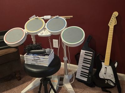 Nintendo Wii Rock Band Complete Bundle with Drums, Guitar, Keyboard, Microphone, and Games