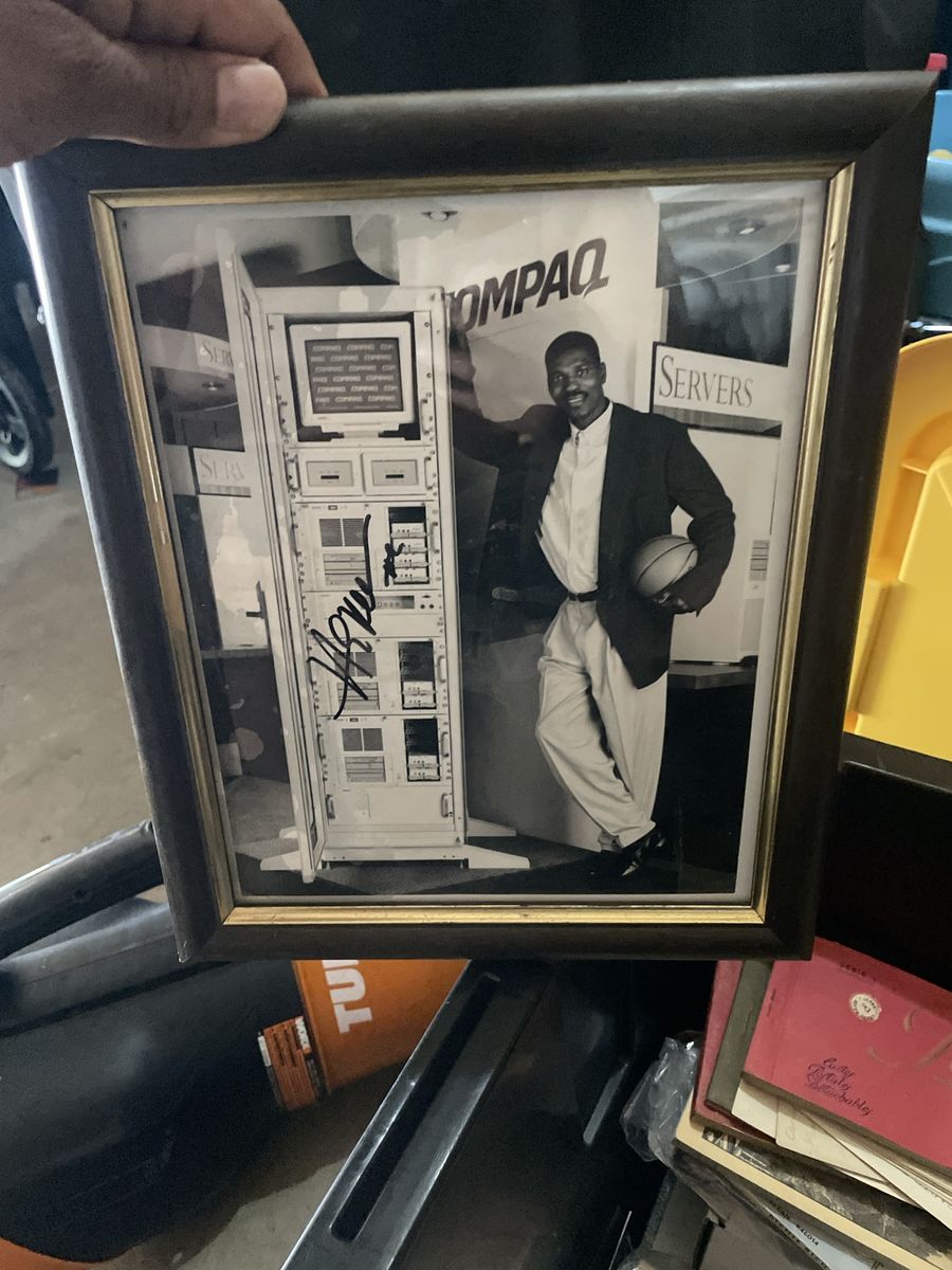 Hakeem Olajuwon Autographed Compaq Servers 8x10 Photo w/ Frame - Houston Rockets NBA Legend