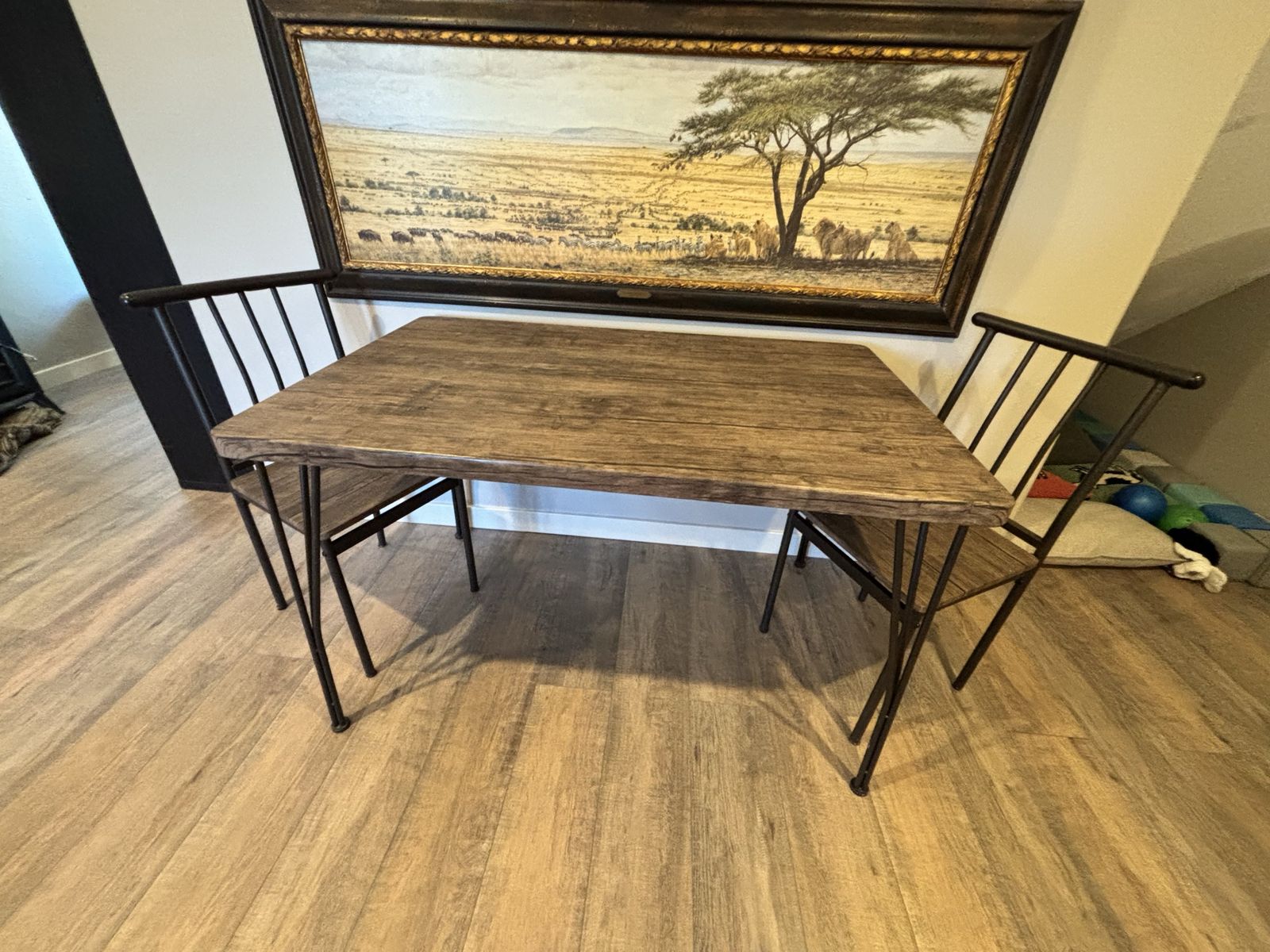 Rustic Wood & Metal Dining Table with 2 Chairs - Compact Small Space Set