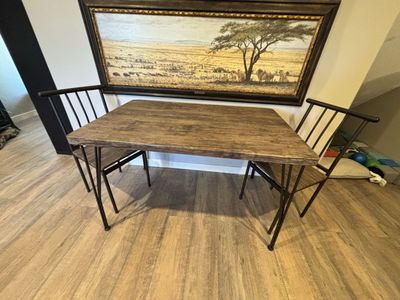 Rustic Wood & Metal Dining Table with 2 Chairs - Compact Small Space Set