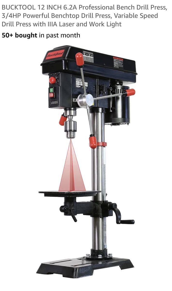 BUCKTOOL 12-inch 6.2A 3/4HP Variable Speed Bench Drill Press with Laser Guide & Work Light