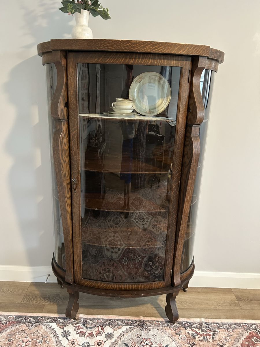 Antique Oak Curved Glass Display China Cabinet Curio Cabinet