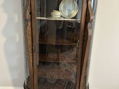 Antique Oak Curved Glass Display China Cabinet Curio Cabinet
