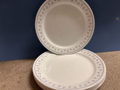 Corelle White Dinner Plates with Blue & Red Trim - Set of 6, Durable Vitrelle Glass