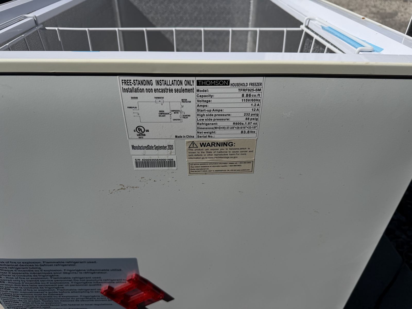 Thomson 8.86 cu ft Chest Freezer TPF0955SM - White, 2020 Model