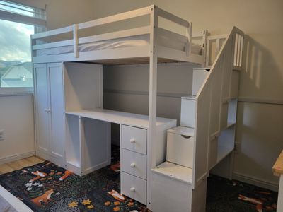 FREE As-Is Twin Loft Bed Set w/ Built-in Desk, Closet, Shelves, Drawers, and Storage Cubes--Must Come Disassemble Yourself