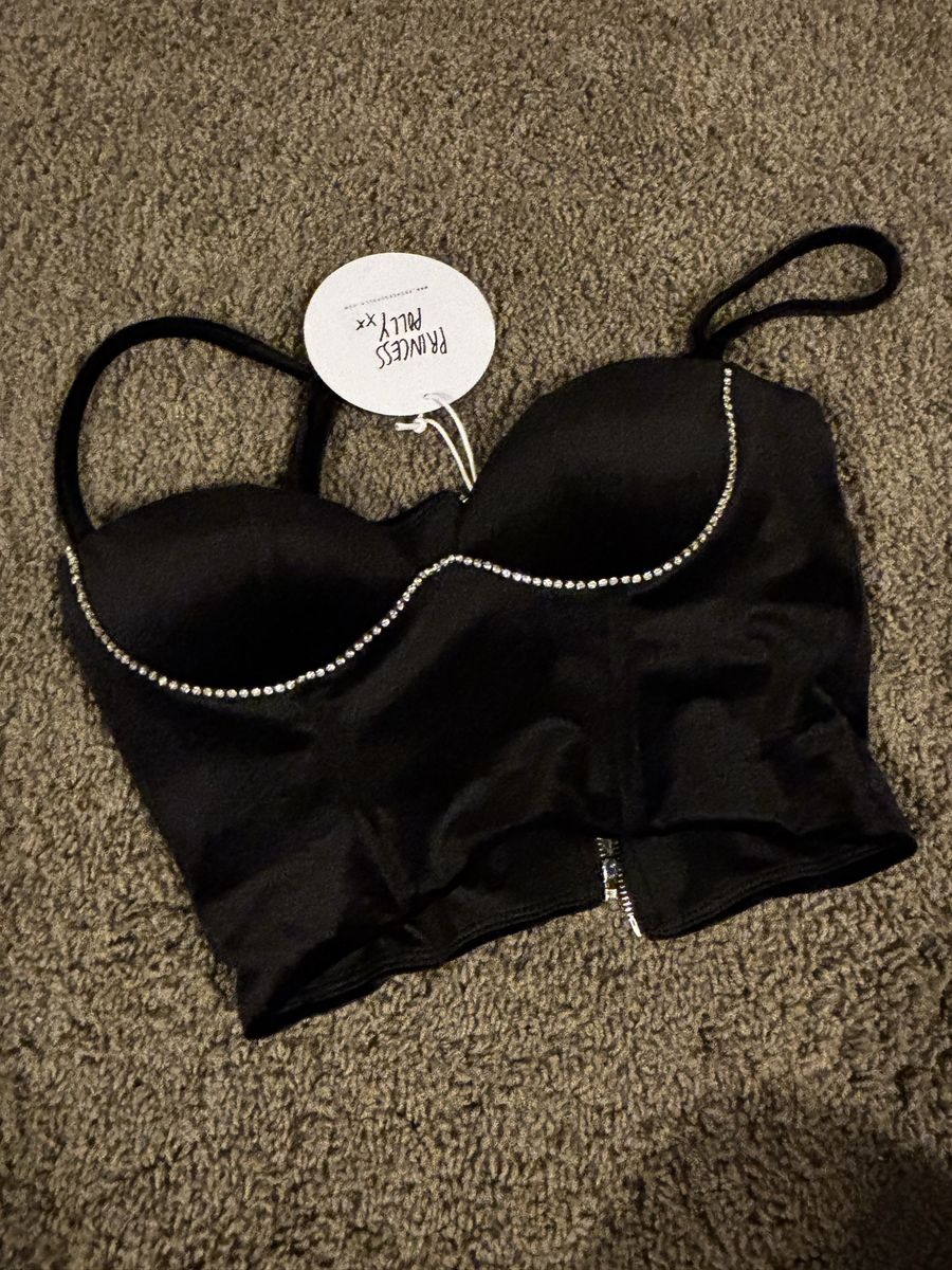 New Princess Polly Women's Black Corset Top with Rhinestone Detail - Size 4