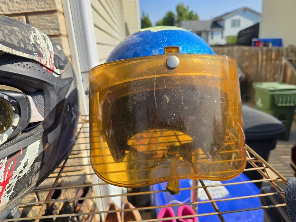 Vintage Blue Sparkle Open Face Helmet with Amber Face Shield Visor