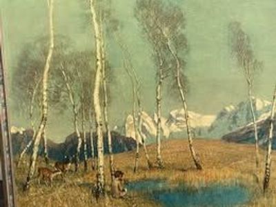 Vintage Boy Flute Mountain Scene Wood Frame